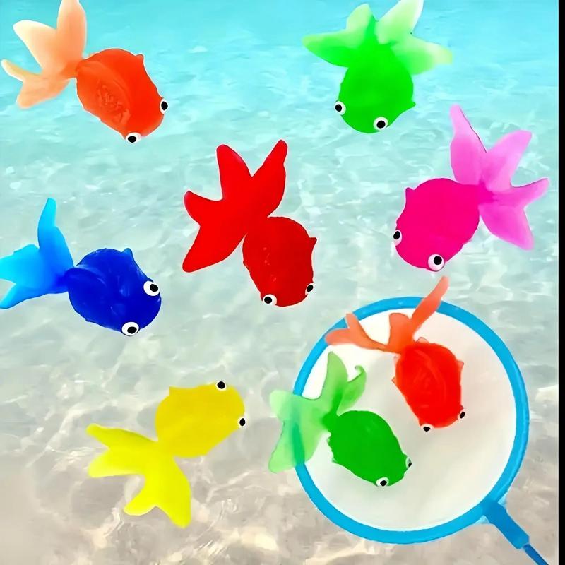 Soft Rubber Goldfish & Fishing Net, 8 Counts Floating Simulation Soft Rubber Fish & 3 Counts Fishing Net, Random Color Summer Party Decoration Supplies 4