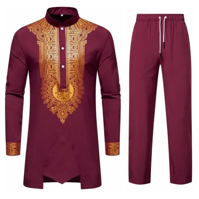 Product Introduction of New Personality Men's Long Sleeve Shirt Sets Leisure Dinner Print Design Medium Long Clothes for Men 9