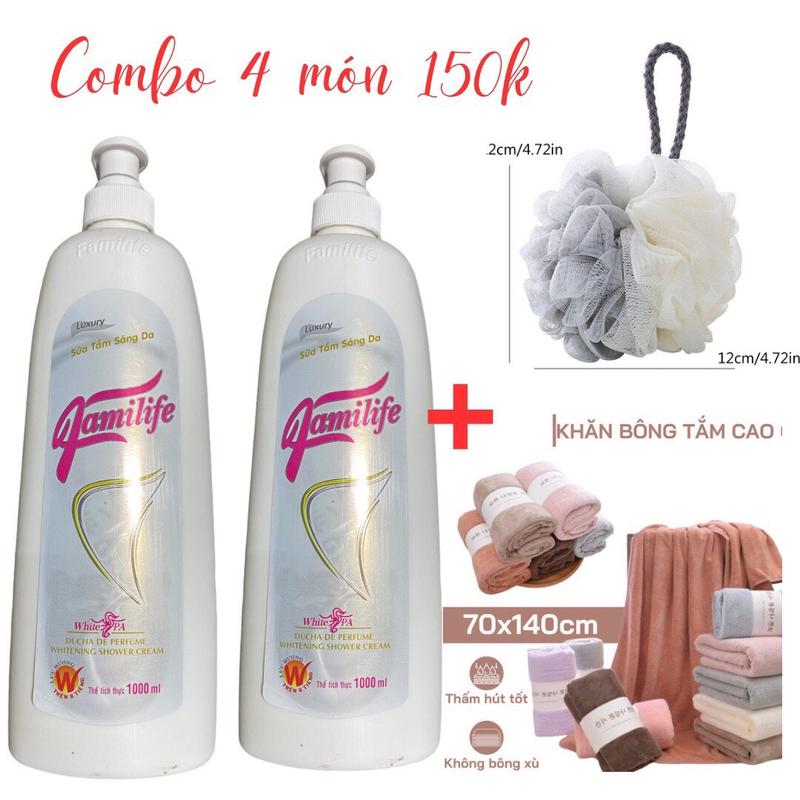  Combo 4 món  2 chay familife mỗi chay 1000ml +1 khăn Nhung Hàn quốc  140*70 +1 cái bông tắm  