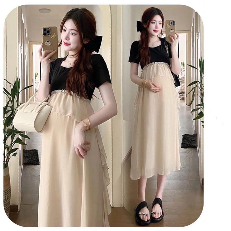 Váy bầu cộc tay cotton phối tơ bèo voan cao cấp phong cách Hàn Quốc - Đầm Bầu Women Nhung Voi Nữ