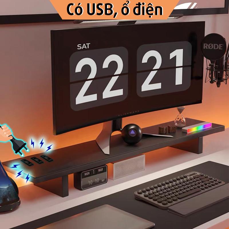 Kệ để màn hình PC kệ máy tính LED sạc không dây USB giá đỡ màn hình kê PC gỗ trắng đen chống ẩm mối mọt