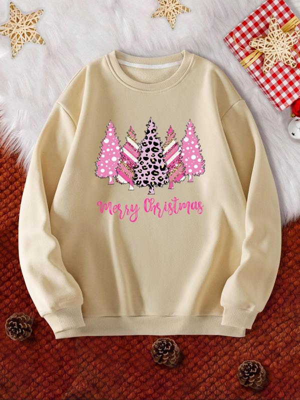 Women's Christmas Tree & Letter Print Drop Shoulder Sweatshirt, Casual Long Sleeve Round Neck Pullover for Daily Wear, Ladies Fall & Winter Clothes 3
