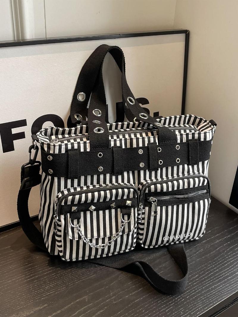Product Introduction of Women's Fashionable All-match Punk Style Tote Bag with Multi-pocket Design, Casual Versatile Zipper Design, Large Capacity Shoulder Tote Bag 12