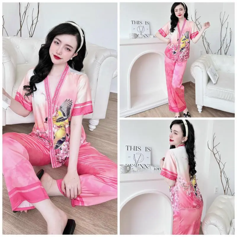 Đồ bộ Pijama nữ mặc nhà lụa latin quần dài áo tay ngắn cổ Y SP_148 mẫu mới hot BOLOBALA
