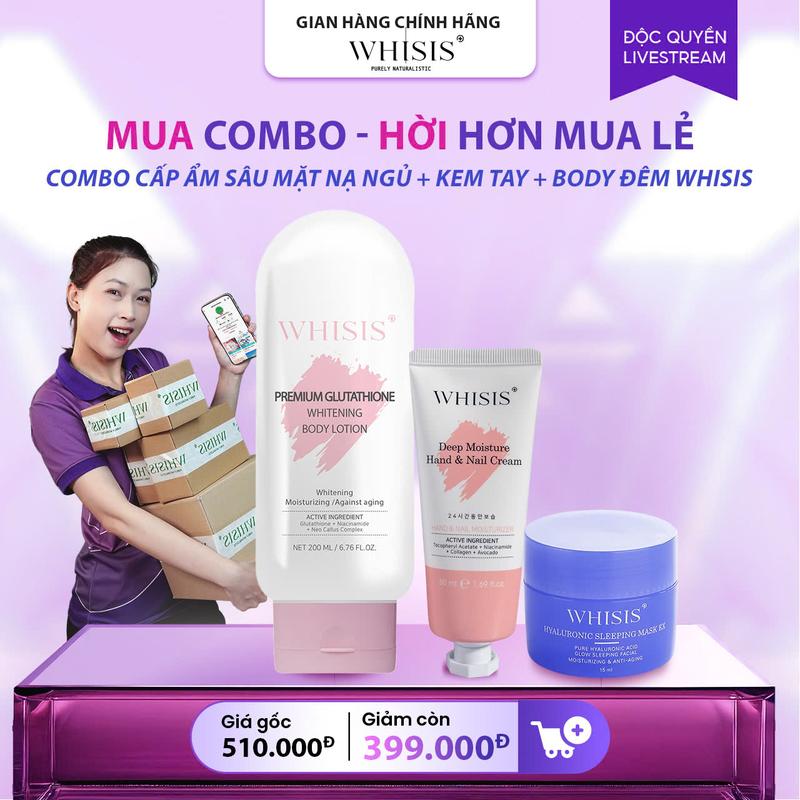 [Combo Body Đêm+Kem Tay+Mặt Nạ Ngủ] Dưỡng Da Body Đêm Chuyên Sâu Whisis Premium Glutathione Whitening Body Lotion 200ml + Kem Dưỡng Da Tay và Móng WHISIS Deep Moisture Hand & Nail Cream 50ml + Mặt Nạ Ngủ Cấp Ẩm WHISIS Hyaluronic Sleeping Mask EX - 15ml