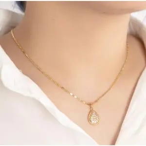 PERHIASAN WANITA KALUNG TITANIUM LIONTIN OVAL FULL PERMATA TERBAU GOLD ANTI LUNTUR/KARAT