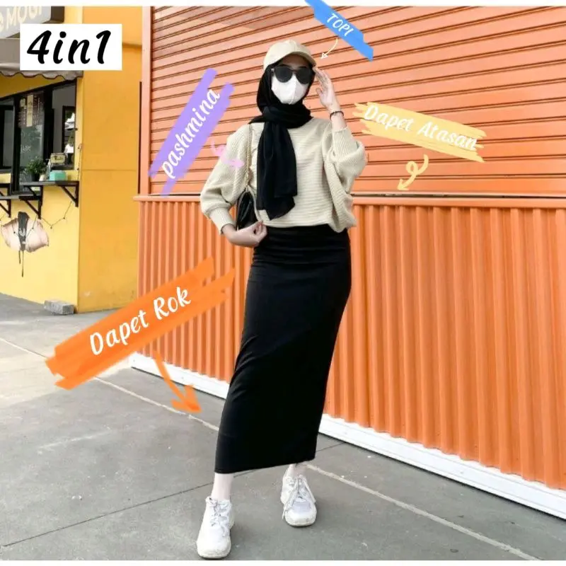 Setelan Outfit Wanita Hijab Remaja Lengan panjang Atasan Baju