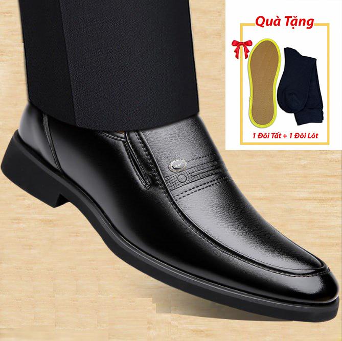 Giày da trung niên cao cấp màu đen Tặng kèm tất đen và lót khử mùi hương quế