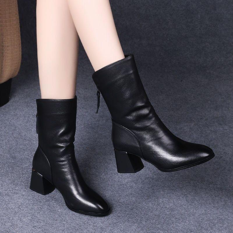 Bốt Cao Su Tổng Hợp, Bốt Cao Đến Mắt Cá Chân Mũi Nhọn Gót Chunky, Giày Da Gót Trung Bình Bốt Martin, Dành Cho Nữ, Bộ Sưu Tập Thu Đông, Hàng Mới Về 2023 1
