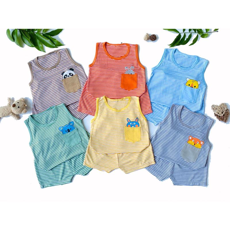 Bộ quần áo ba lỗ quần cộc phối túi thật MK342 (6-25KG) chất thun lạnh sọc dệt cho bé