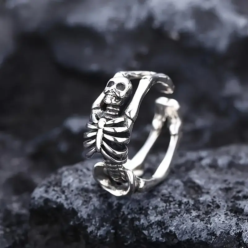 Adjustable Skull Head Ring, Open Strap Design, Hollow Mirror Frame, Unisex Accessory