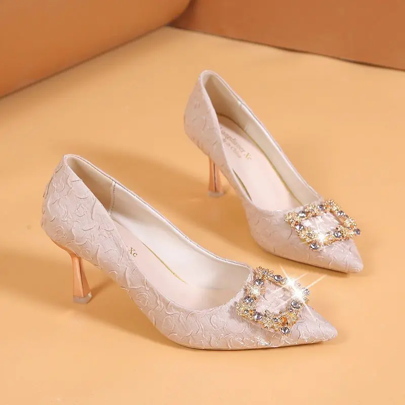 Giày Cao Gót Mũi Nhọn Cho Nữ, Gót Thấp 3Cm-4Cm Mới, Gót Giữa 7Cm, Nơ, Kim Cương Giả, Đế Mềm