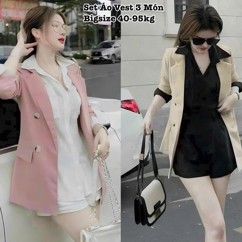 Set Đồ Bigsize Nữ Áo Blazer Lụa Chéo Kèm Sơ Mi Tay Dài Lụa Cao Cấp Thiết Kế Dự Tiệc, Đi Làm, Đi Chơi Xinh Đẹp 50-95kg Kem Voi Đen - 2317