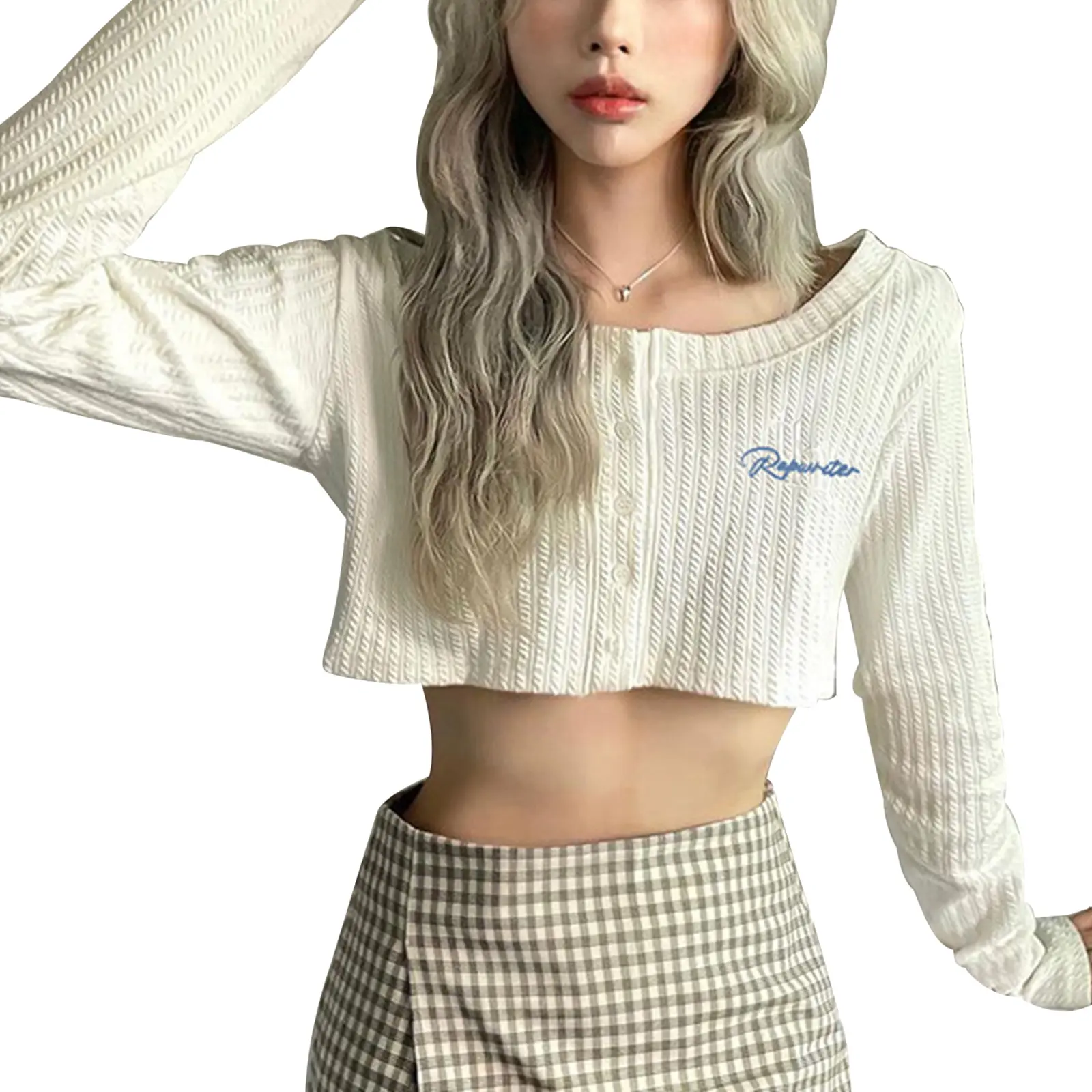 Women Button Down Crop Tops, Long Sleeve Scoop Neck Letter Pattern Knit T-Shirts For Womenwear