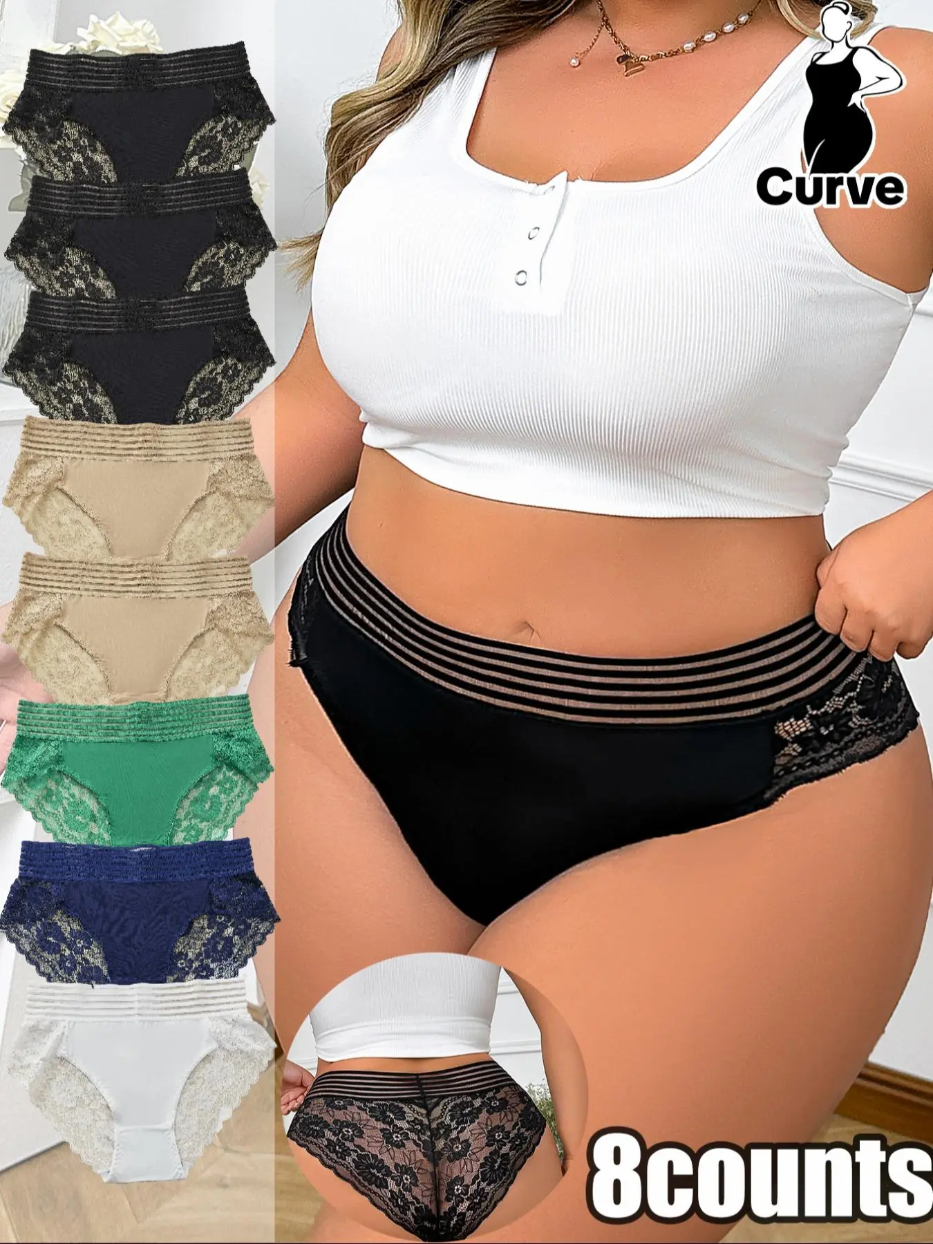 Plus Size Contrast Floral Lace Semi-sheer Panty, Soft Comfy Breathable High Stretch Knicker for Daily Wear, Women's Underwear for All Seasons
