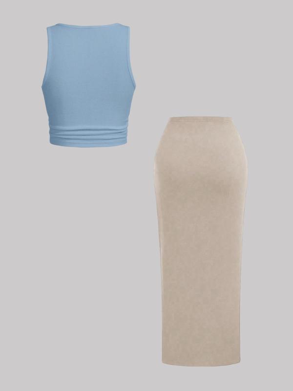 Two-Piece Set Women's Solid Ribbed Crop Tank Top & Side Split Skirt, Casual Sleeveless Top & Long Skirt for Daily Wear, Ladies Clothes for All Seasons, Polish 7