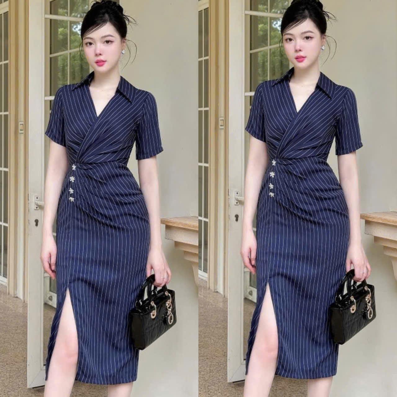 [Xả Kho] Váy Dự Tiệc Đính Nút Vải Lụa Chéo Sọc Thanh Lich 40 - 95Kg Thời Trang Nữ Béo Xinh Shop - A.1408