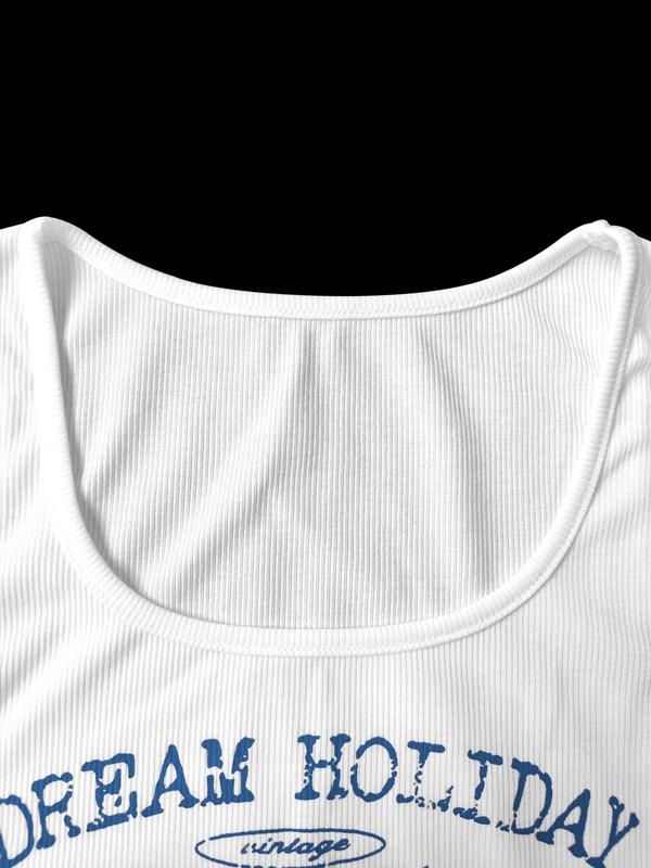Women's Car & Letter Print Crop Tank Top, Casual Vintage Scoop Neck Sleeveless Cropped Top for Summer, Fashion Ladies' Top for Daily Wear 5