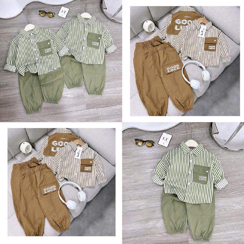 Bộ sơ mi áo kèm quần áo xốp sọc nâu quần thô cho bé trai  từ 8-30kg [ Shop Luận Baby QATE ]