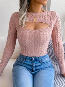 Suéter liso de cuello redondo con recorte para mujer, suéter casual de manga larga para otoño e invierno, prendas de punto para uso diario