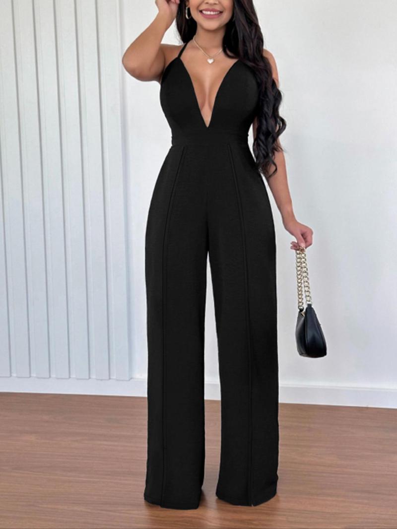 Product Introduction of Women's Solid Color Backless Jumpsuit, Elegant Fashion Casual Wide Leg Jumpsuit for Daily Outdoor Wear, Ladies Clothes for All Seasons 4