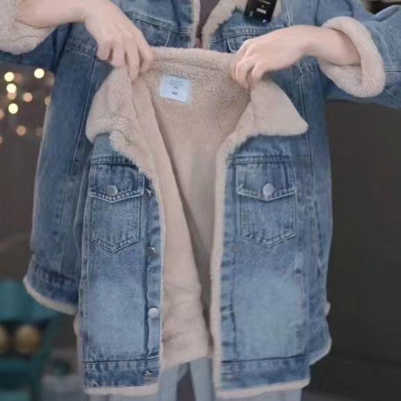 Áo Khoác Jean Cho Bé Gái, Mùa Thu / Đông Mới, Lót Lông Cừu, Dày Dặn, Phổ Biến, Dễ Phối Đồ Cho Trẻ Em, Áo Ấm 1