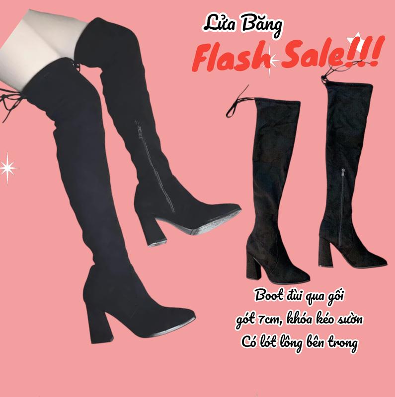 Boot đùi cao qua gối có khoá cạnh gót trụ 7 phân (lót lông bên trong) Nhung Shoes Nữ Cổ Cao Bốt Cổ Cao bố t