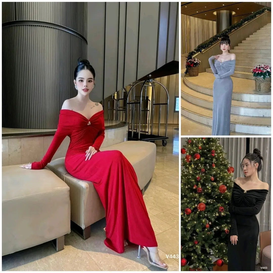 Váy xếp Ly Ngực Dài Tay Nữ Nhung Dress