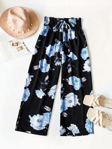 【Plus Size】 Floral Print Shirred Wide Leg Pants without Shoes, Casual Comfy Loose Wideleg Trousers for Daily Wear, Women's Bottoms for All Seasons, Wide Legged Pants, Baggy Legged Pants