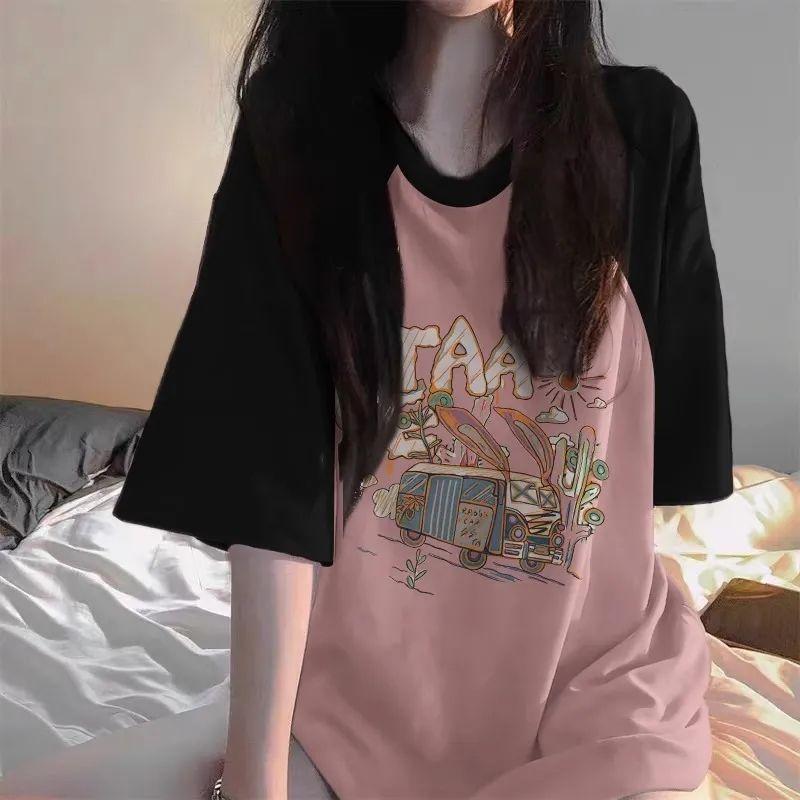 Product Introduction of Dopamine New Summer New American Contrast Color Raglan Short-Sleeved T-shirt Women's Loose Oversize Niche Top 7