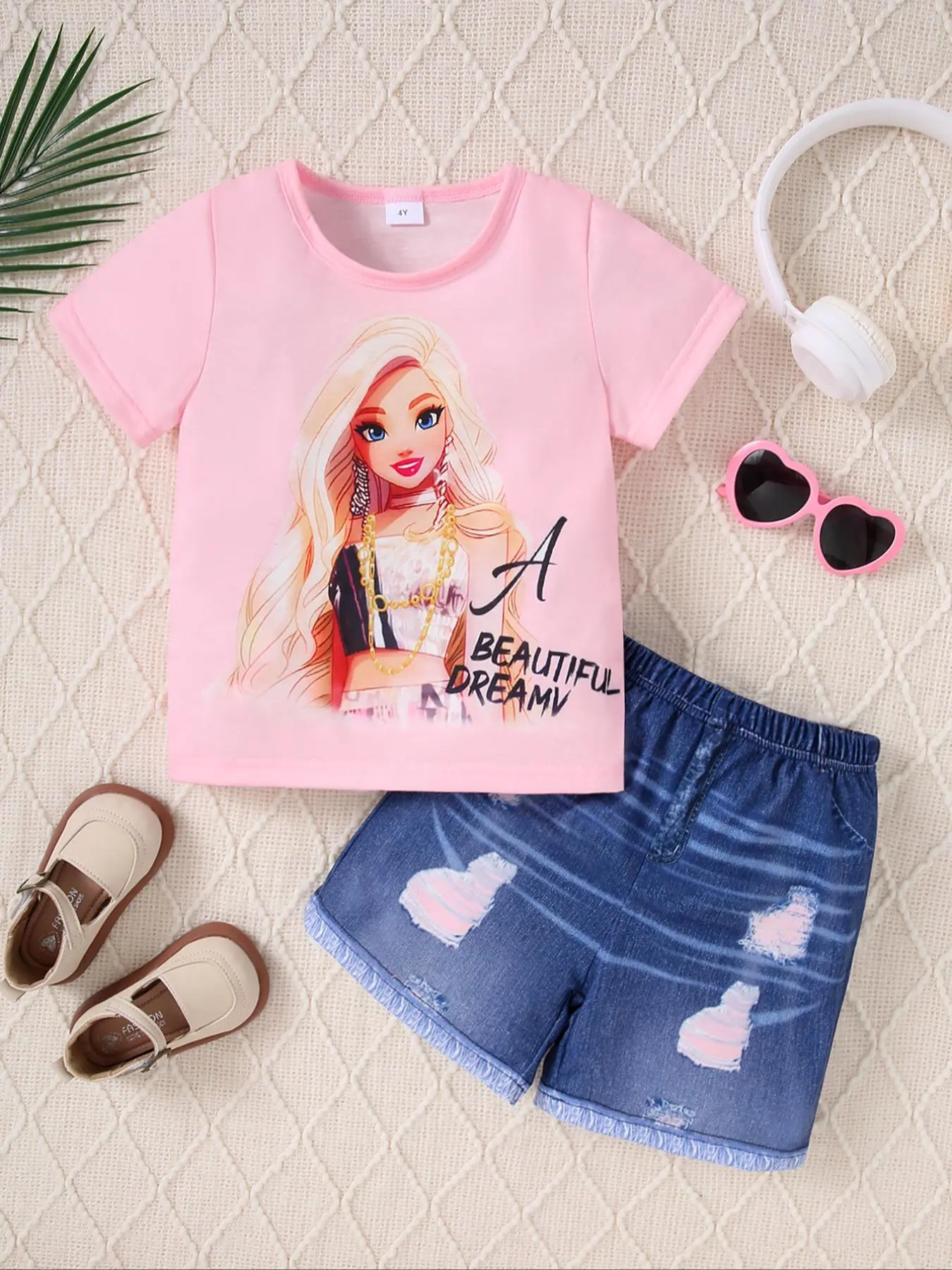 Two-piece Set Girl's Cartoon Print Tee & Denim-effect Print Shorts Set without Accessories, Casual Round Neck Short Sleeve T-shirt & Denim-effect Print Shorts for Daily Wear, Kids Summer Clothes
