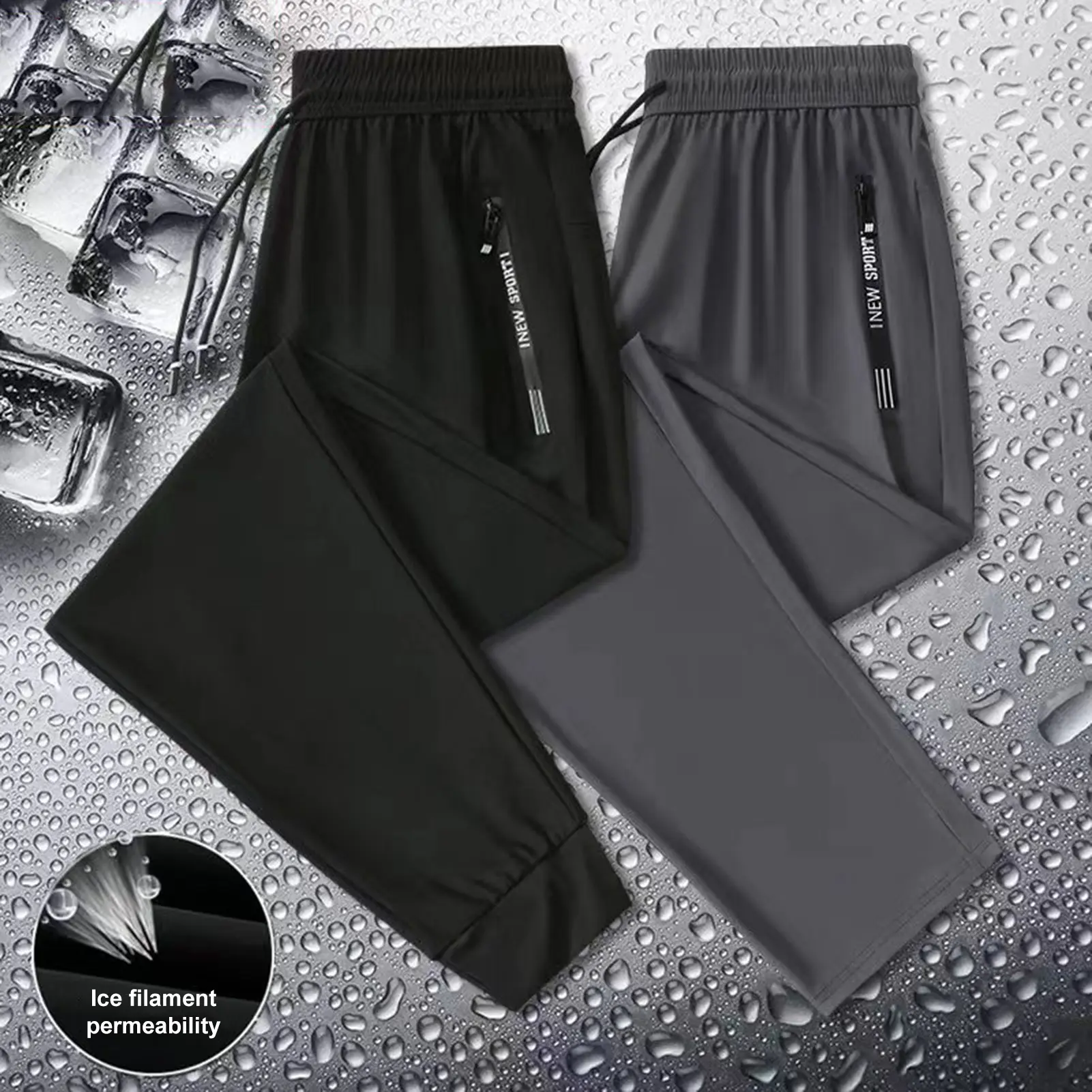 [SRE]Men Sport Pants Loose Ice Silk Quick-drying Ankle-banded Zipper Pockets Drawstring Elastic Waist Soft Breathable Solid Color Gym Traning Jogging Sweatpants Long Trousers