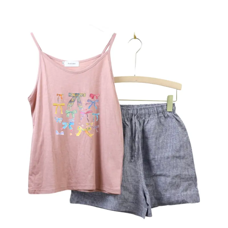 Set Đồ Nữ 2 Dây, Quần Short Kẻ Ô Linen Anhstore, Phom Rộng, In Hình Dễ Thương - Áo Nữ - Women Nhung Top Thun 1