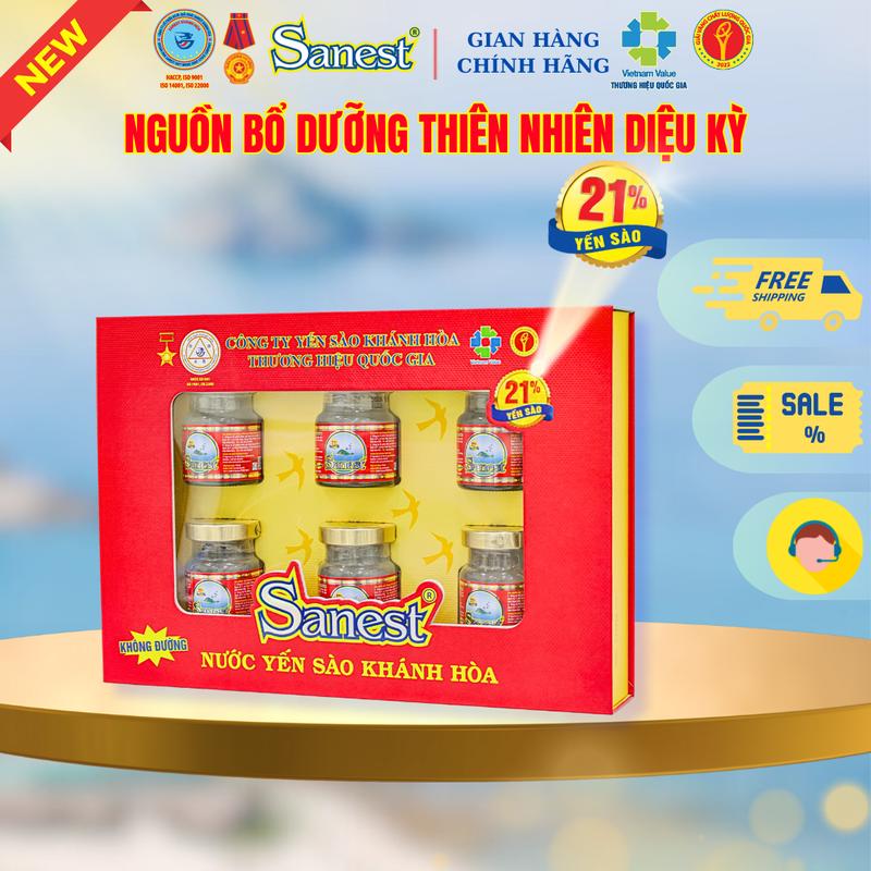  NEW   Hộp 6 lọ quà tặng   Nước Yến sào Khánh Hòa Sanest - Không đường 
