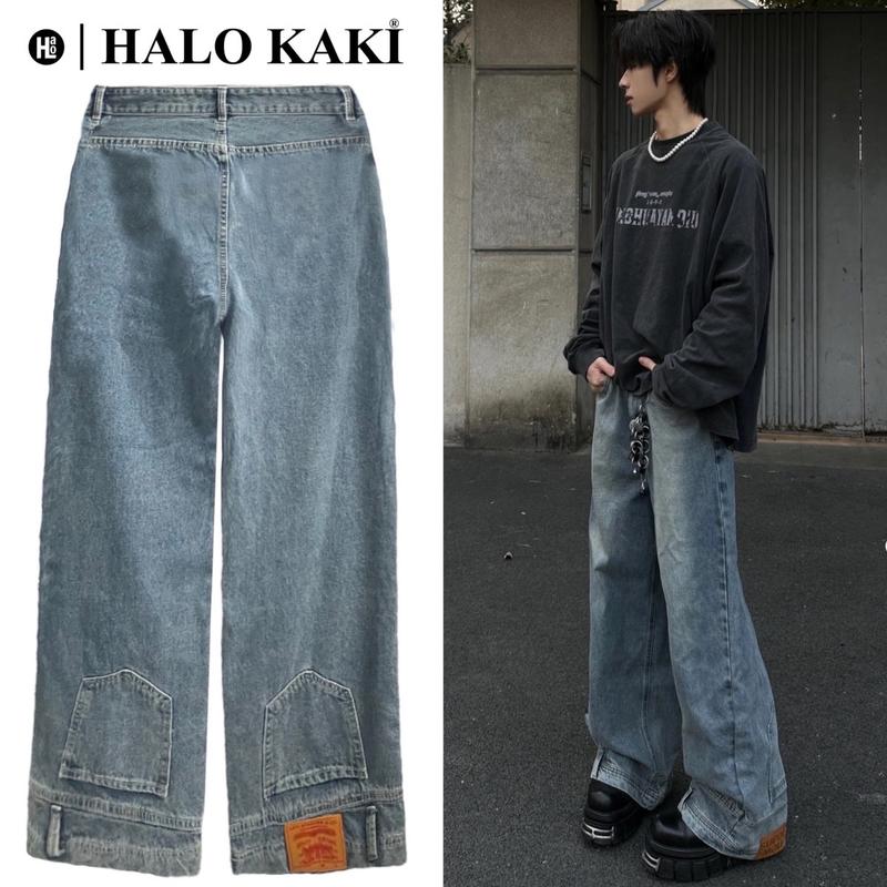 JEANS TÚI NGƯỢC XANH/ĐEN - Quần jeans ống rộng form phủ gót chùm giày HALO KAKI Kem Nữ Voi Denim Pants [HALO KAKI]