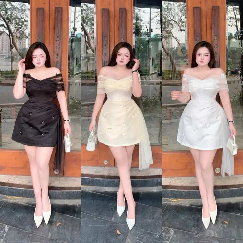 Đầm bẹt vai phối lưới bigsize 55 đến 90 ký màu đen trắng kem