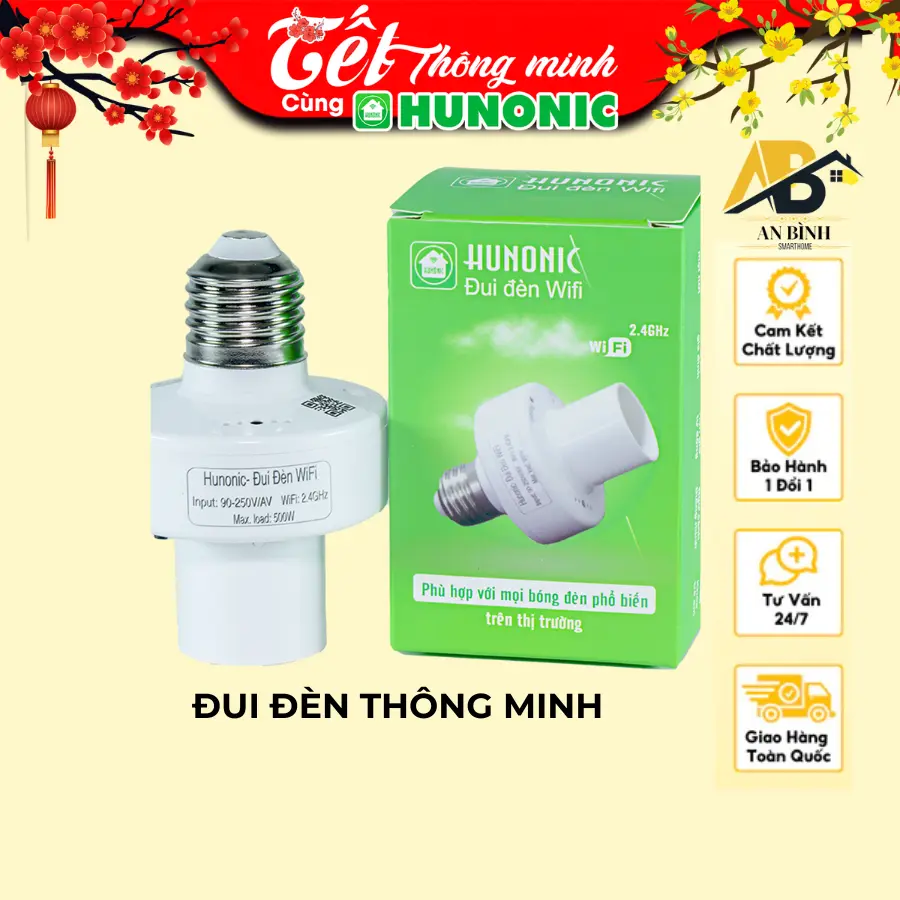 Đui Đèn Thông Minh WiFi Hunonic 500W, Điều Khiển Hẹn Giờ Từ Xa Trên Điện Thoại, Điều Khiển Giọng Nói