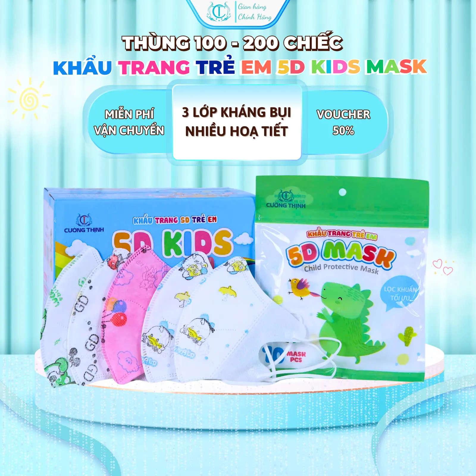 Thùng 100 - 200 Chiếc Khẩu Trang 5D Bé Cường Thịnh Cho Bé