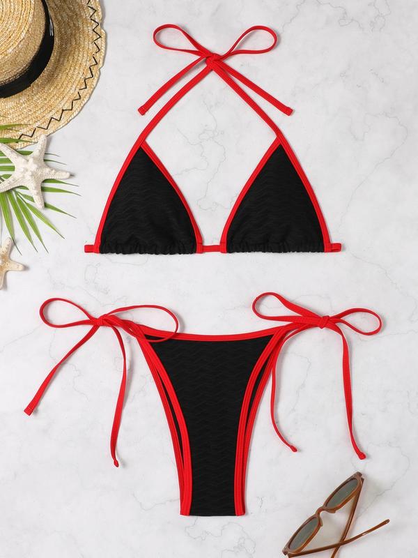 Two-Piece Set Women's Boho Contrast Binding Bikini Swimsuit, Halter Neck Tie Back Triangle Swim Bra & Tie Side Swim Bottom, Ladies Summer Swimwear for Beach Holiday Vacation 0