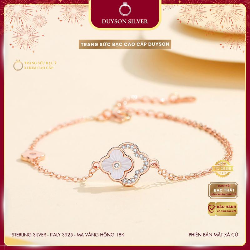 Vòng tay bạc Ý mạ vàng hồng 18K Duyson Silver, Lắc tay cỏ 4 lá đính khảm xà cừ cao cấp sang trọng LTXK72