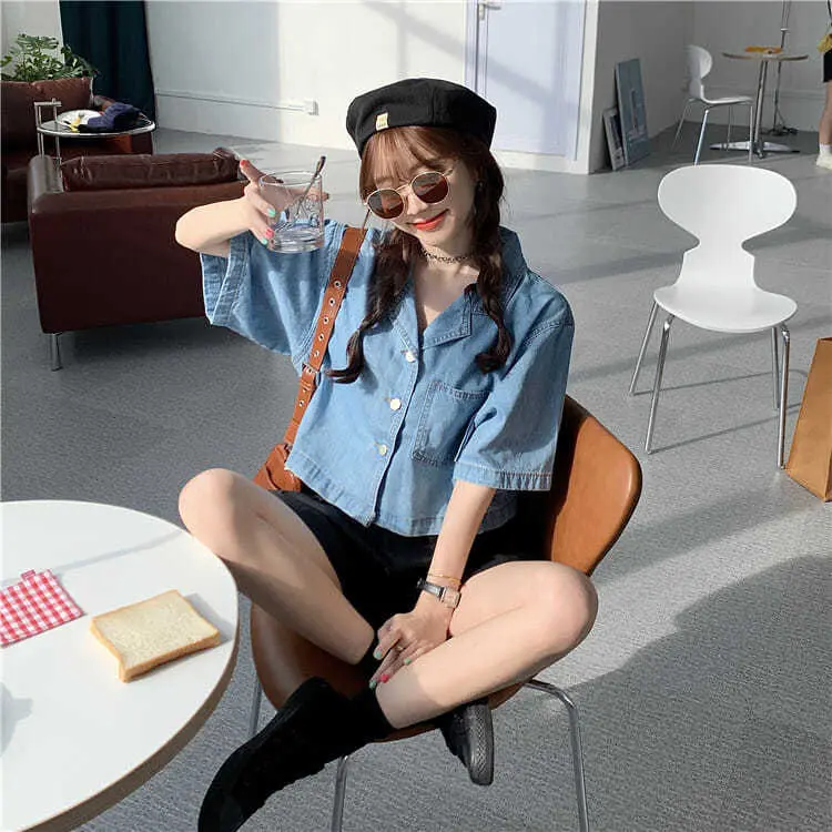 957-KEMEJA & BLOUSE JEANS DENIM ATASAN WANITA LENGAN PENDEK/KEMEJA JEANS CROP Light Keren 3