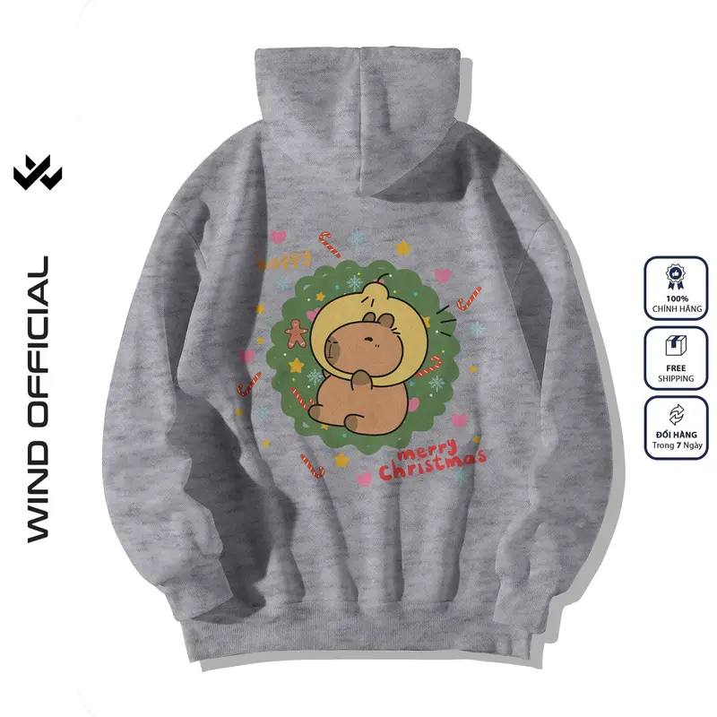 Áo hoodie unisex form rộng WIND Capybara Merry Christmas hoodie nút bấm thời trang nam nữ nỉ bông oversize Menswear Dài Tay Tay Dài 8