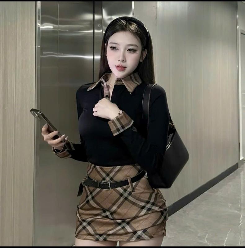 Tặng Kèm Betl Set body áo thun polo dài tay và chân váy kẻ - Nữ - Women Top Kem