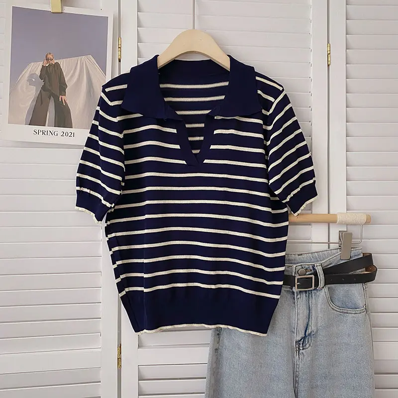 Polo Collar Striped Sweater Women's Summer New Korean Style Short Loose Slim Short Sleeve Chic Beautiful Small Top Striped Short Sleeve Sweater