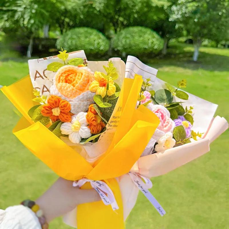 1 Count Artificial Hand Crochet Flowers Bouquet, Hand Woven Rose Flower Bouquet, Faux Knitted Sunflower Flower for Birthday Anniversary, Finished Artificial Flowers Home Decor Gift with Gift Bag 8