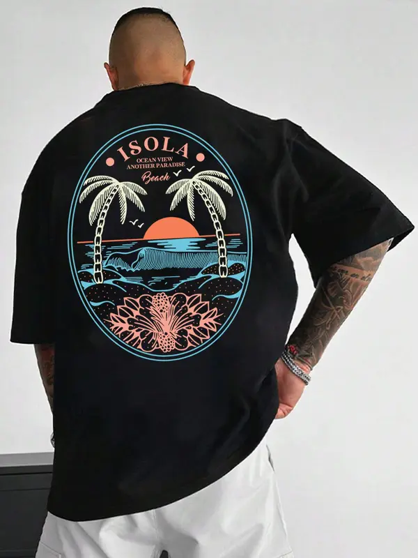 Unisex Regular Fit Landscape Print Round Neck Tee, Coconut Tree Print Crew Neck T-shirt for Unisex, Street Fashion Casual Comfy Knitting Top for Summer, Menswear 0