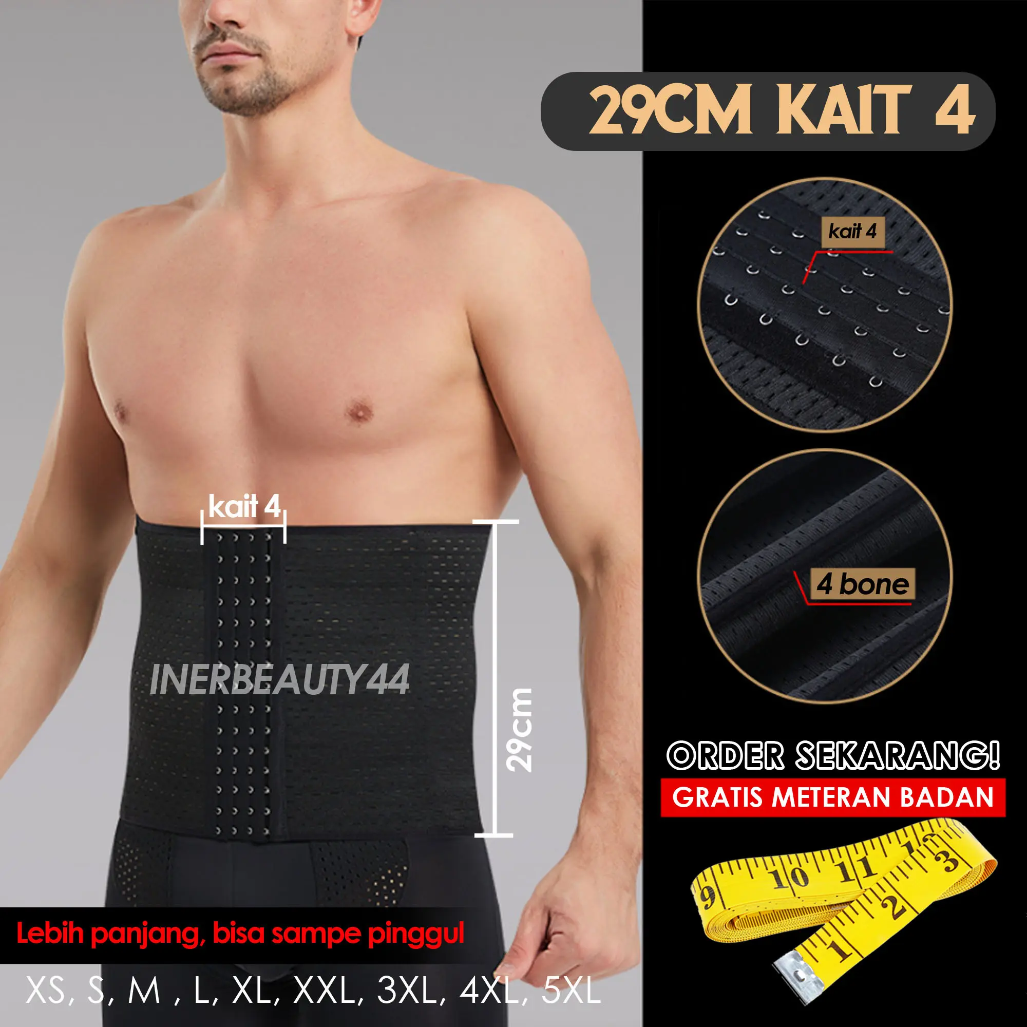 Korset pria model 29cm kait 4 untuk perut buncit tinggi sampai pinggul