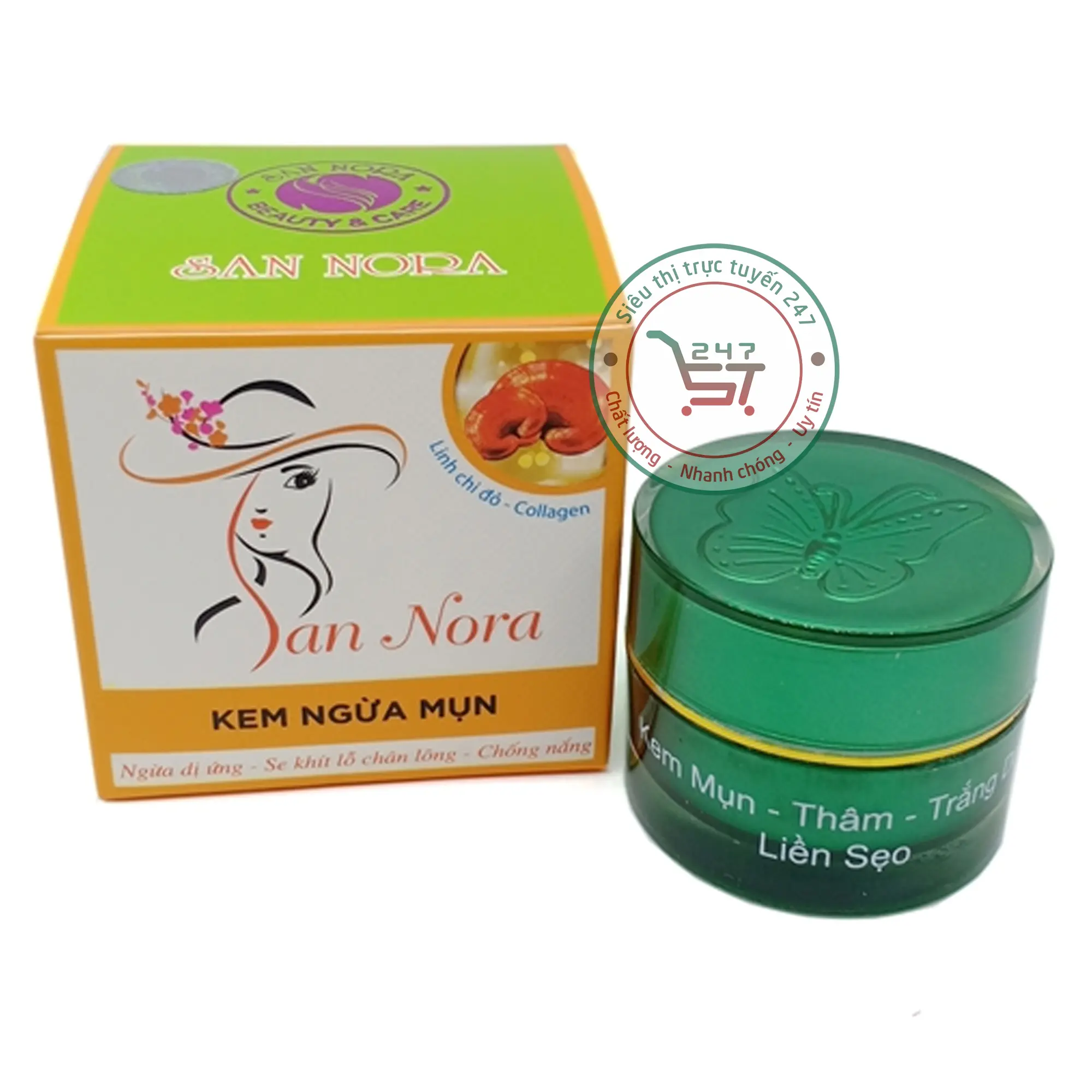 Kem Mụn Liền sẹo Ngừa dị ứng Se khít lỗ chân lông Chống nắng San Nora 10g 18g (xanh lá-cam)