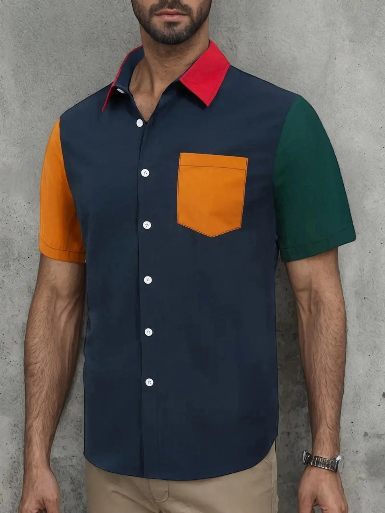 Men's Colorblock Pocket Short Sleeve Shirt, Regular Fit Casual Collared Button Top for Summer, Fashion Men's Clothes for Daily Wear