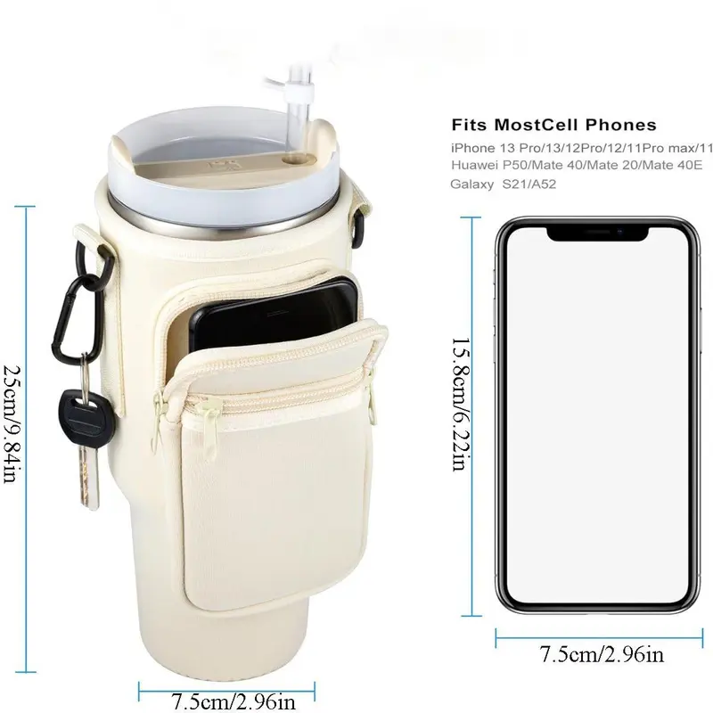 Water Bottle Carrier Bag, 1/2/4 Counts Tumbler Cups Holder with Shoulder Strap, Water Bottle Carrier with Phone Pouch for Hiking Camping [without Cup & Straw Cover] 1